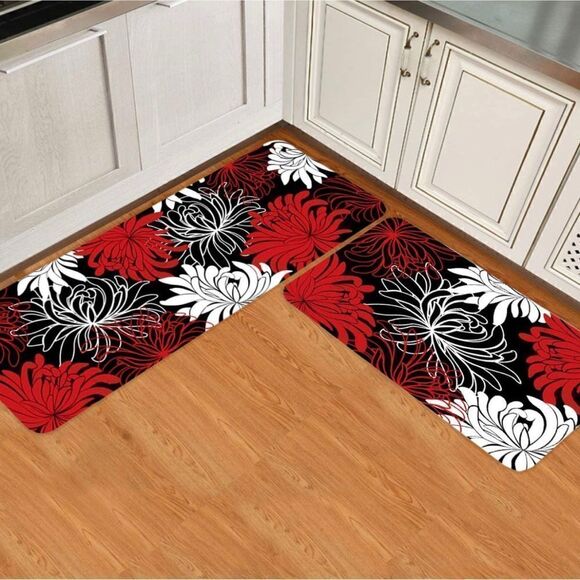 COPY - 2 Piece Non-Slip Waterproof Kitchen Runner Mat Set, Chrysanthemum Flower - Picture 1 of 6